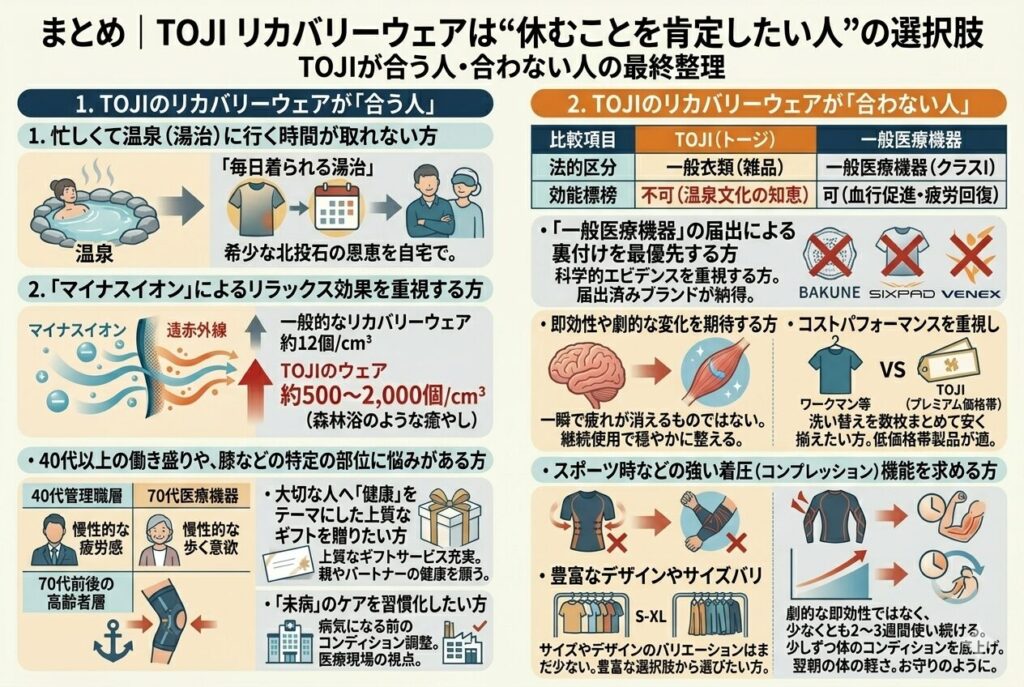 まとめ|TOJI リカバリーウェアは“休むことを肯定したい人”の選択肢